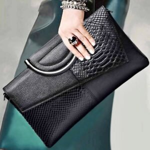 Black Snakeskin Embossed Envelope Clutch Bag