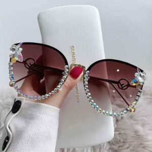 Cute Bling Cat Eyes With Luxury Rhinestone Stone Sunglasses For Ladies-Brown