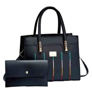 Black Tote Bag and Wallet Set with Vertical Stripes