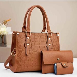 Brown Faux Crocodile Leather Handbag Set