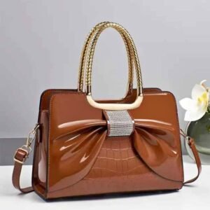 Patent Leather Bow Handbag with Rhinestone Detail