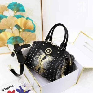 Studded Rhinestone Satchel Handbag with Animal Print
