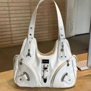 White Faux Leather Multi-Pocket Shoulder Bag