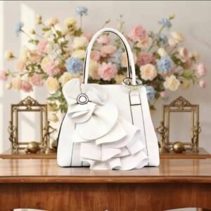 White Faux Leather Ruffle Handbag